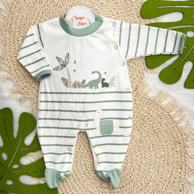 Macacão Trape Zape Listrado com Dinos - Off White e Verde